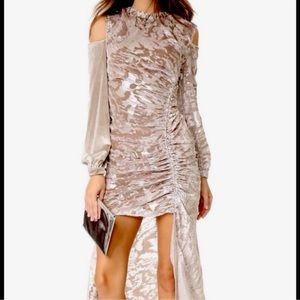 Velvet Cold-Shoulder Ruched Maxi Dress in Taupe